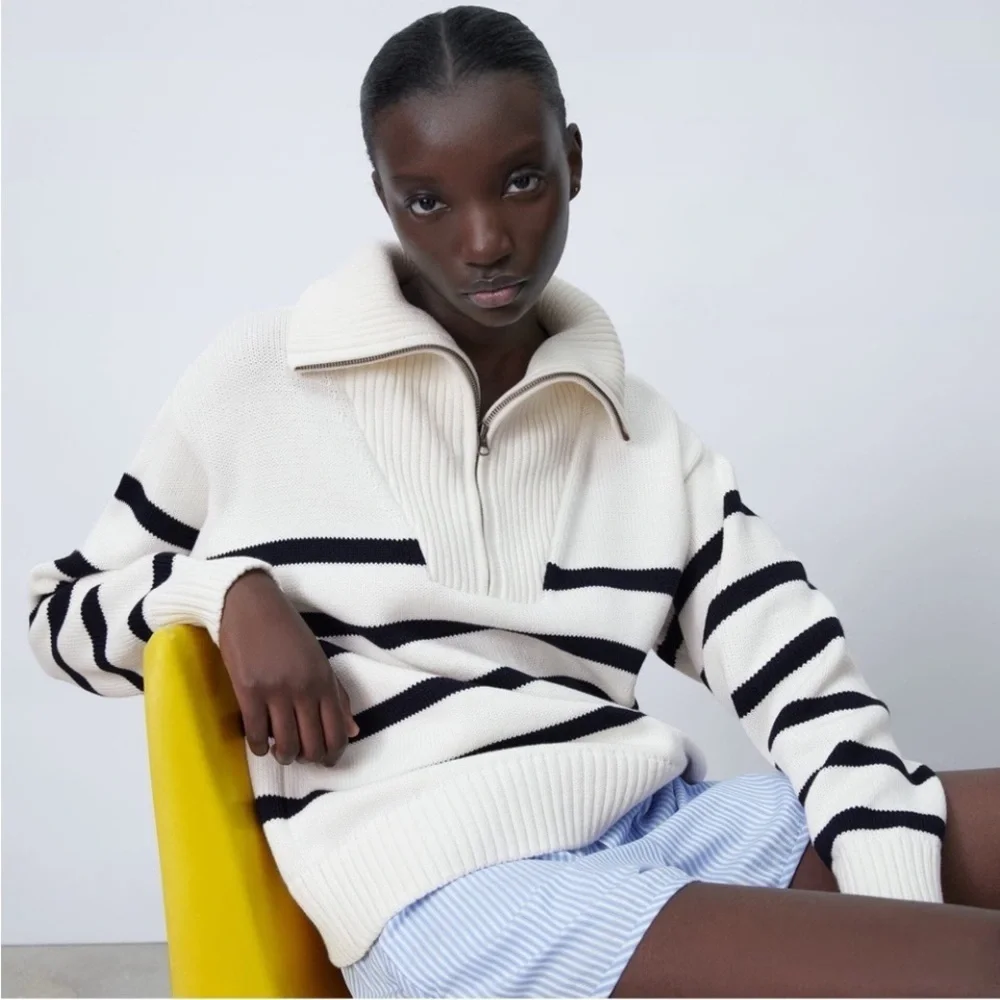 Zara Quarter Zip Striped oversize  Sweater Black and Whitish Taupe Size Medium - Picture 4 of 14